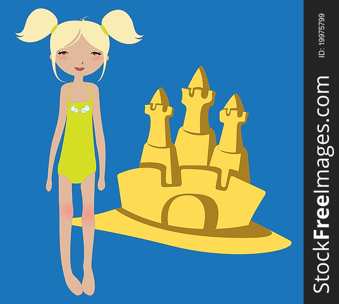Vector Illustration of funny summer background with the little girl and the sandcastle.