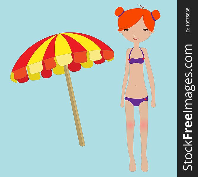 Vector Illustration of funny summer background  with the little girl and parasol