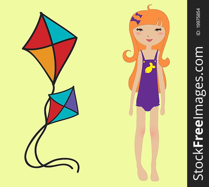 Vector Illustration of funny summer background with the little girl and kite
