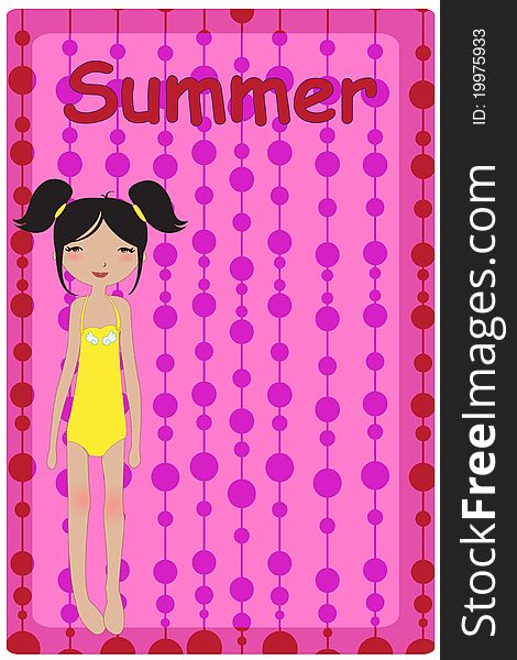 Vector Illustration of cute summer background  with pretty little girl