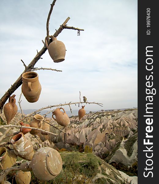 Turkey. Cappadocia. Rocky formations near Goreme (Gereme) and tree with pots