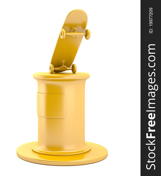 Gold skateboard on pedestal