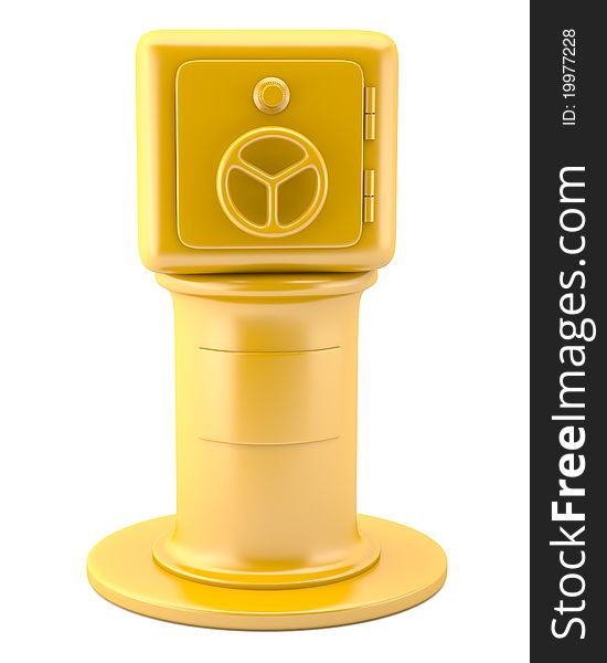 Gold safe on pedestal. Isolated on whtie background
