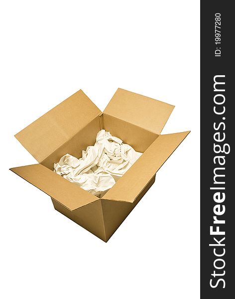 Nice big cardboard box with packing paper opened up ready for someone to start packing stuff and getting ready to move or ship. Isolated on white.