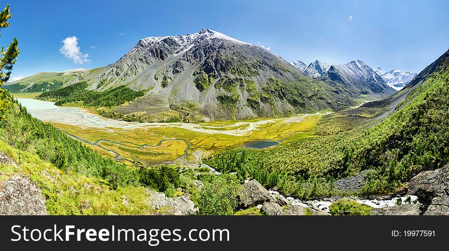 Panorama of green to ice valley in Altai mountains. Panorama of green to ice valley in Altai mountains