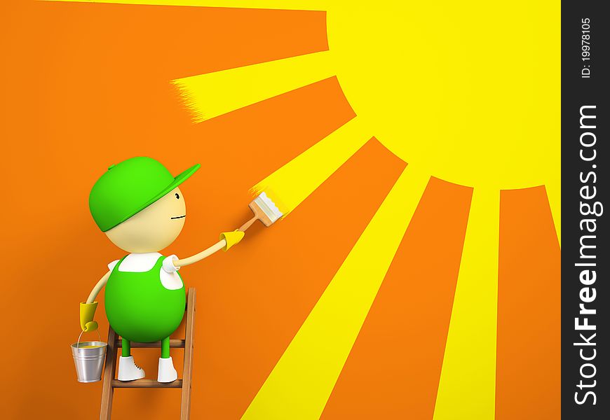 Painter paints the sun on the wall 3D rendering