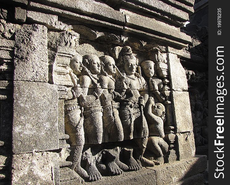 Photo of carvings on the huge Borobudur temple in Indonesia.