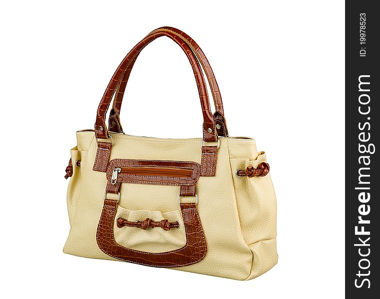 Nice beige color woman leather handbag isolated on white. Nice beige color woman leather handbag isolated on white