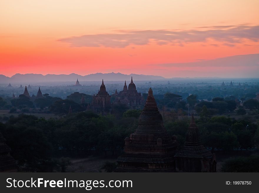 Sunrise over the valley of temples in Bagan, Myanmar