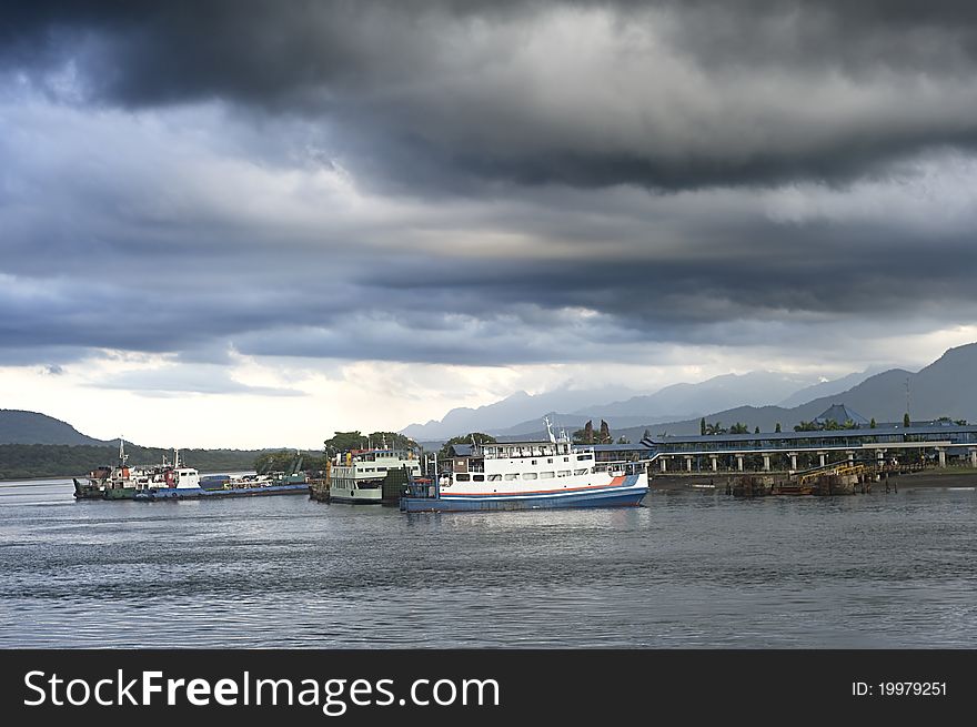 Ferry from Java to Bali staying in the harbour. Indonesia