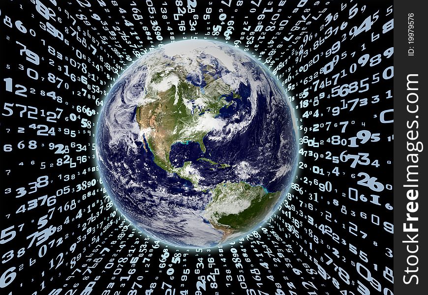 Interplay of Earth globe and numbers on the subject of modern technologies, digital communication and computing. Earth map imagery is a courtesy of Visible Earth (. Interplay of Earth globe and numbers on the subject of modern technologies, digital communication and computing. Earth map imagery is a courtesy of Visible Earth (