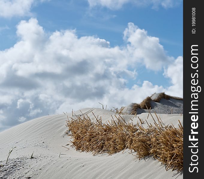 Sand Dunes with a clouded blue sky behind them