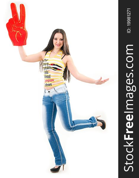 Beautiful girl with a glove on the hand shows the symbol of victory. Beautiful girl with a glove on the hand shows the symbol of victory.