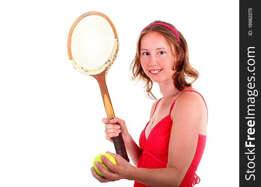 Adorable sporty woman in beautiful red dress is playing in tennis. Isolated on white background. Adorable sporty woman in beautiful red dress is playing in tennis. Isolated on white background.