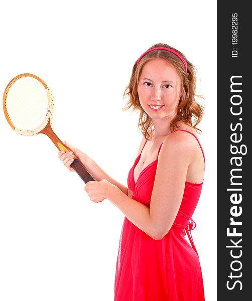 Adorable sporty woman in beautiful red dress is playing in tennis. Isolated on white background. Adorable sporty woman in beautiful red dress is playing in tennis. Isolated on white background.