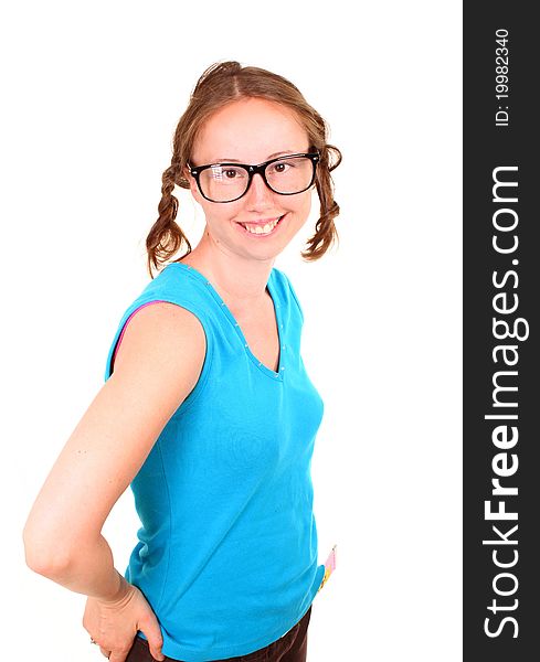 Beautiful athletic woman in sporty blue t-shirt with a funny eyeglasses is isolated on white background. Beautiful athletic woman in sporty blue t-shirt with a funny eyeglasses is isolated on white background.