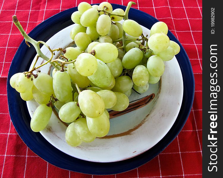 Green grapes on a white painted and a blue plate with a red and white checked tablecloth. Green grapes on a white painted and a blue plate with a red and white checked tablecloth.