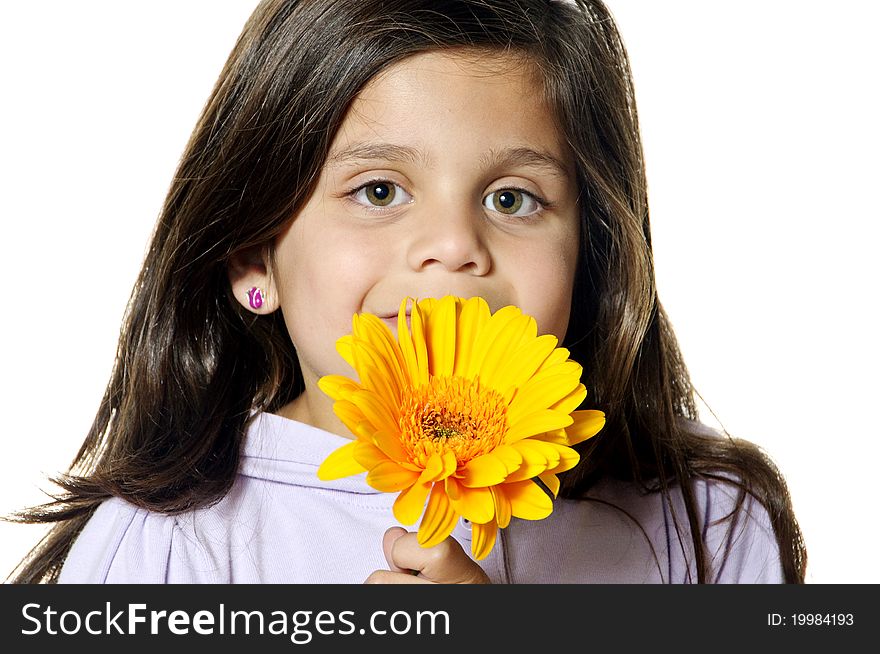 A little girl holding a flower in front of her face with a cheerful look. A little girl holding a flower in front of her face with a cheerful look.