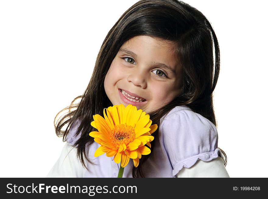 A little girl holding a flower in front of her face with a cheerful look. A little girl holding a flower in front of her face with a cheerful look.