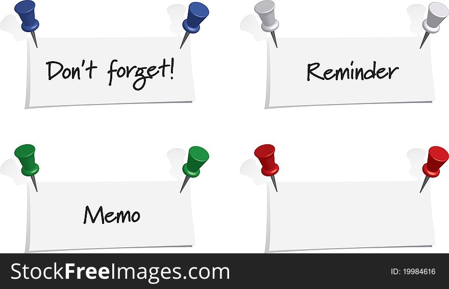 Set of 4 Memos with colored Push Pins and shadows. Set of 4 Memos with colored Push Pins and shadows