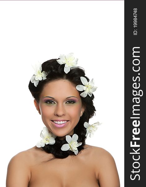 Attractive young beautiful natural model woman with chamomile flowers on head with hairstyle and eye makeup isolated over white background. Spring, summer girl, concept of healthy lifestyle metaphor. Attractive young beautiful natural model woman with chamomile flowers on head with hairstyle and eye makeup isolated over white background. Spring, summer girl, concept of healthy lifestyle metaphor