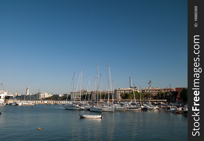 Coast of Italy. Port with a group of sport yachts and waterfront homes and trees