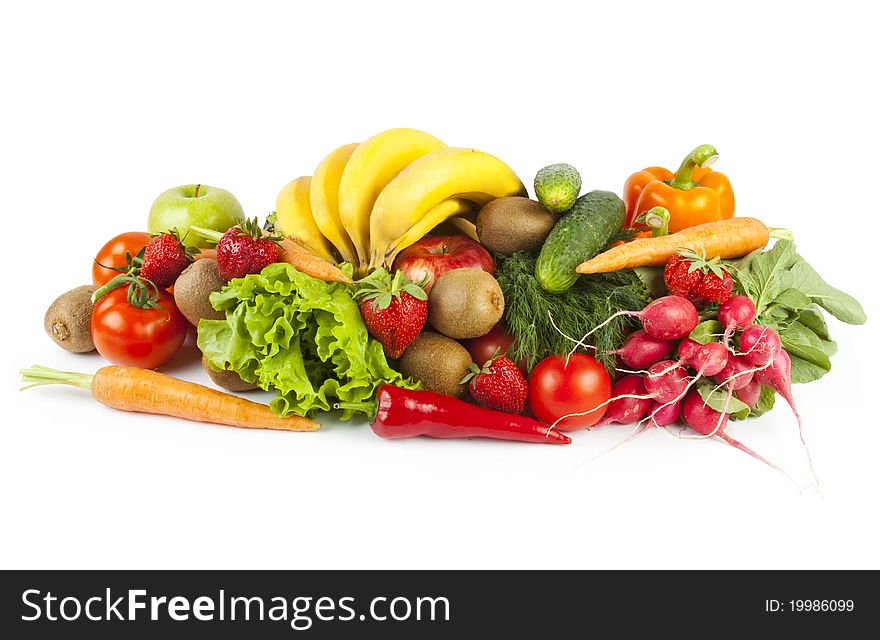 Composition of fruits and vegetables on white background. Composition of fruits and vegetables on white background