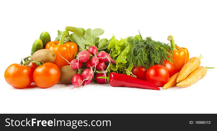 Composition of ripe vegetables on white background