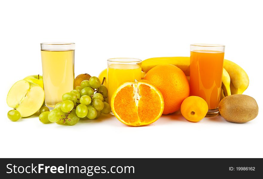 Collection from many fruits and jusices in glasses on white. Collection from many fruits and jusices in glasses on white