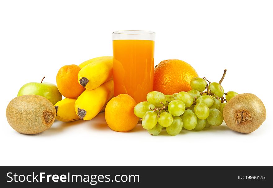 Collection from many fruits and jusices in glasses on white