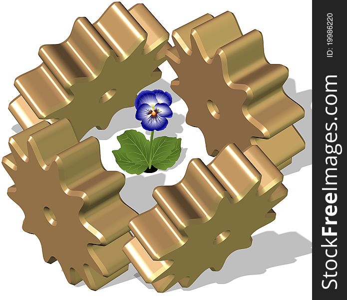 Four gear wheels surrounding a blue pansy flower on the white background. Four gear wheels surrounding a blue pansy flower on the white background