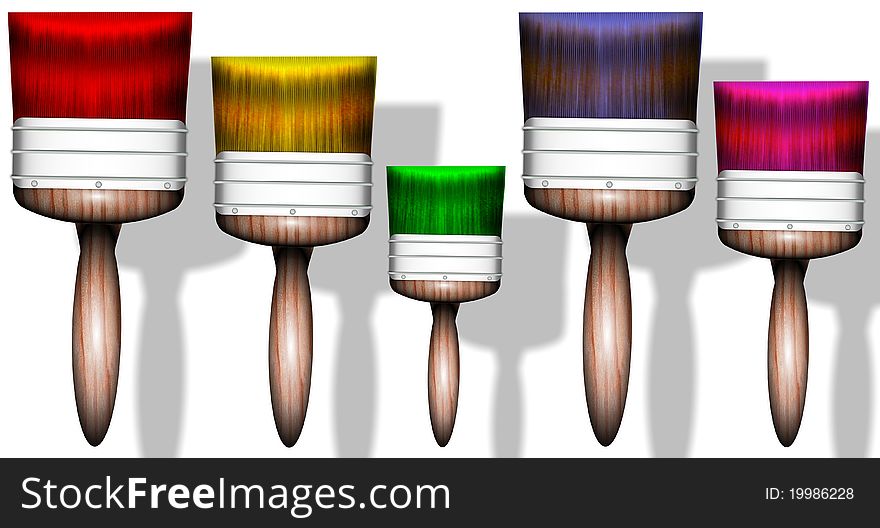 Five wooden paint brushes in different colors on the white background
