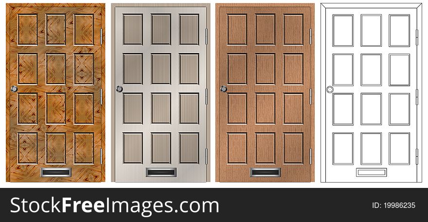 A set of main entry house door in four different designs and textures. A set of main entry house door in four different designs and textures