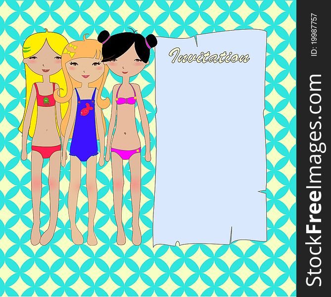 Vector Illustration of cute summer frame with pretty little girls. Good for greeting card and invitation. Vector Illustration of cute summer frame with pretty little girls. Good for greeting card and invitation