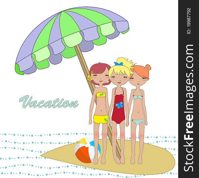 Vector Illustration of cool Kiddie style design summer background with three funny girls
