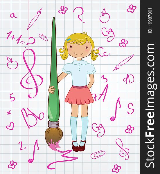 Vector illustration of stylish Colorful Back to school design with cartoon little schoolgirl. Vector illustration of stylish Colorful Back to school design with cartoon little schoolgirl