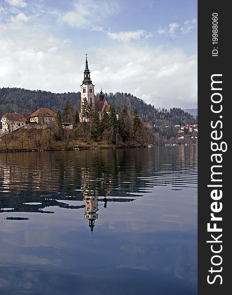 Church with his reflection in the water of lake of Bled. Church with his reflection in the water of lake of Bled