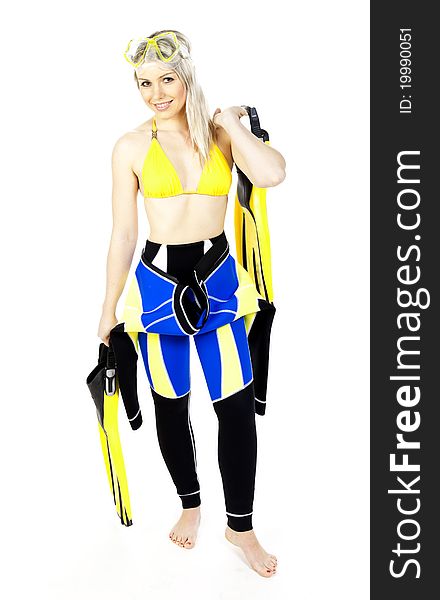 Standing young woman wearing neoprene with diving equipment