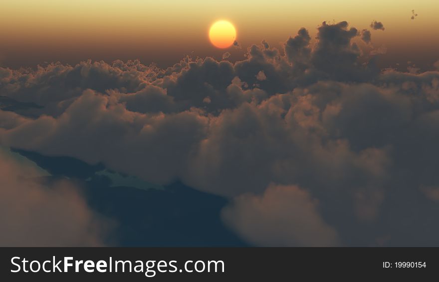 Computer genterated scene set above the clouds at sunset. Computer genterated scene set above the clouds at sunset