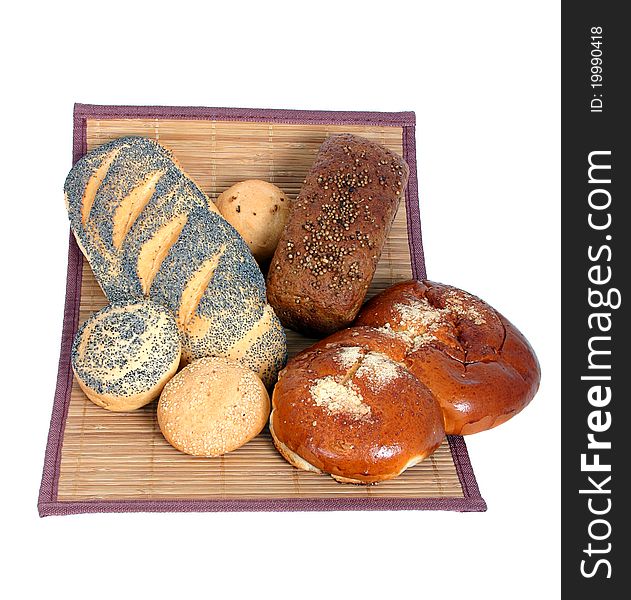 Bread variety: long loaf with poppy, muffins with poppy and with onion, rich muffins with powdered sugar, rye bread.