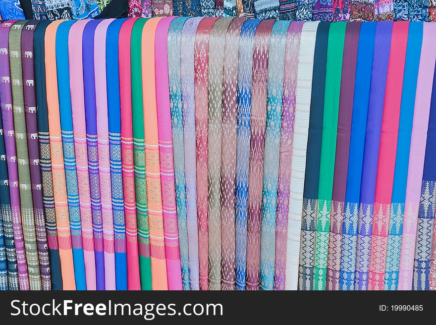 Multi-colored Thai silk on the market. Multi-colored Thai silk on the market.