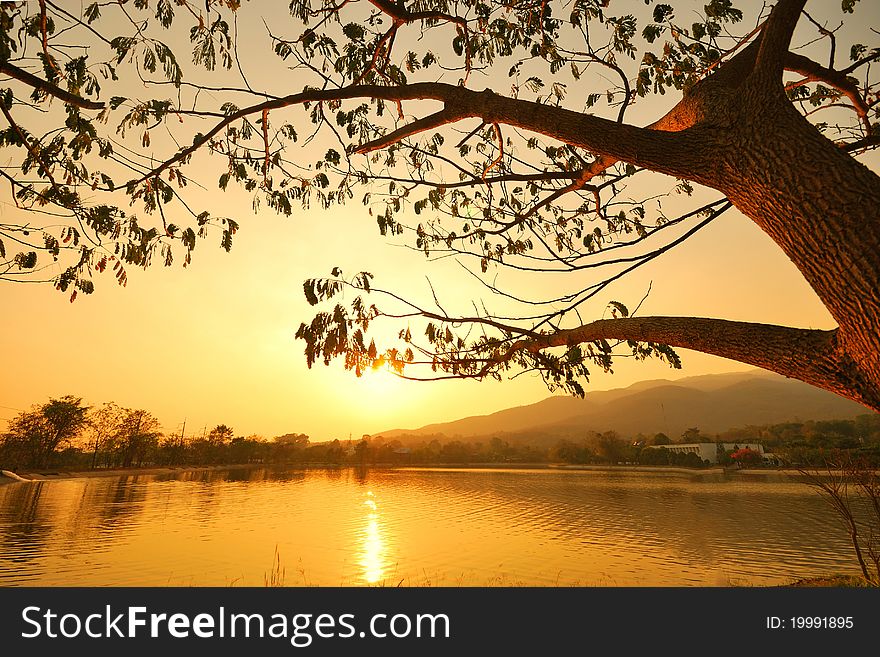 Sunset with tree river and mountain  in thailand