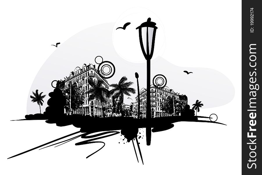 Urban scene with lantern and design elements