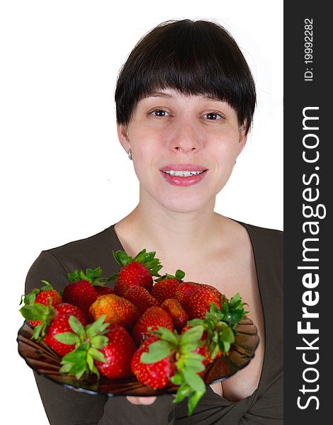 Young woman with a strawberry isolated