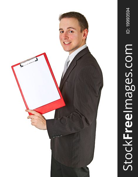 Businessman with clipboard isolated on white background