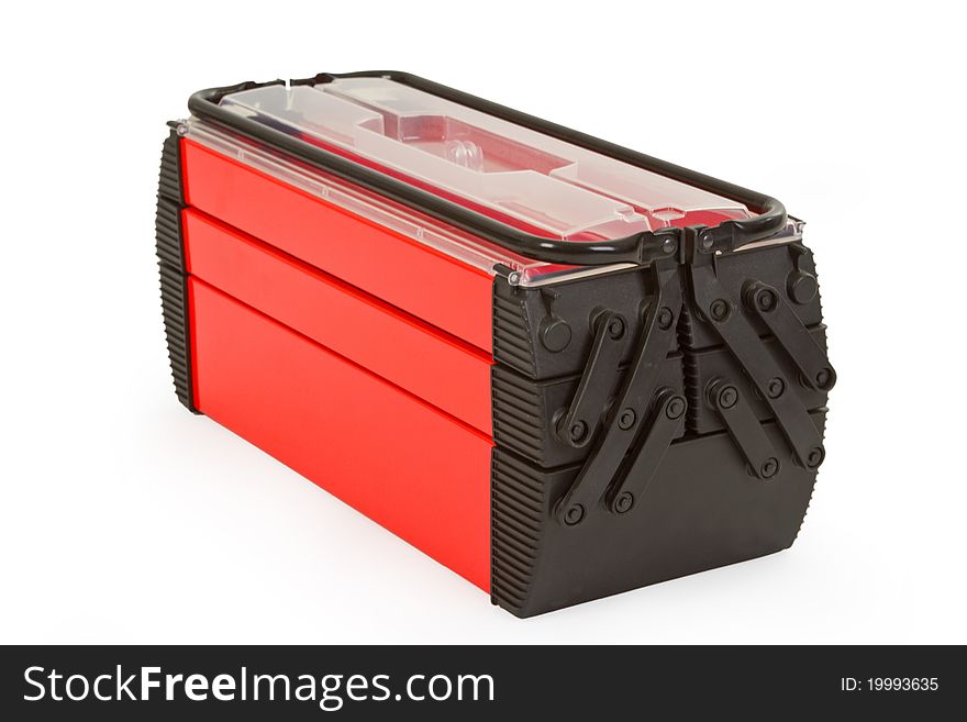 Red closed toolbox isolated on white background