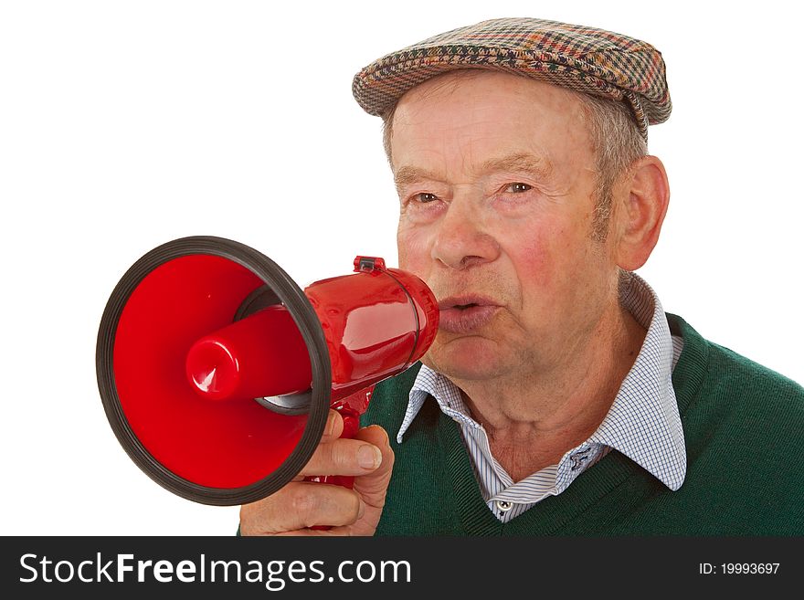 Male senior with megaphone isolated on white background