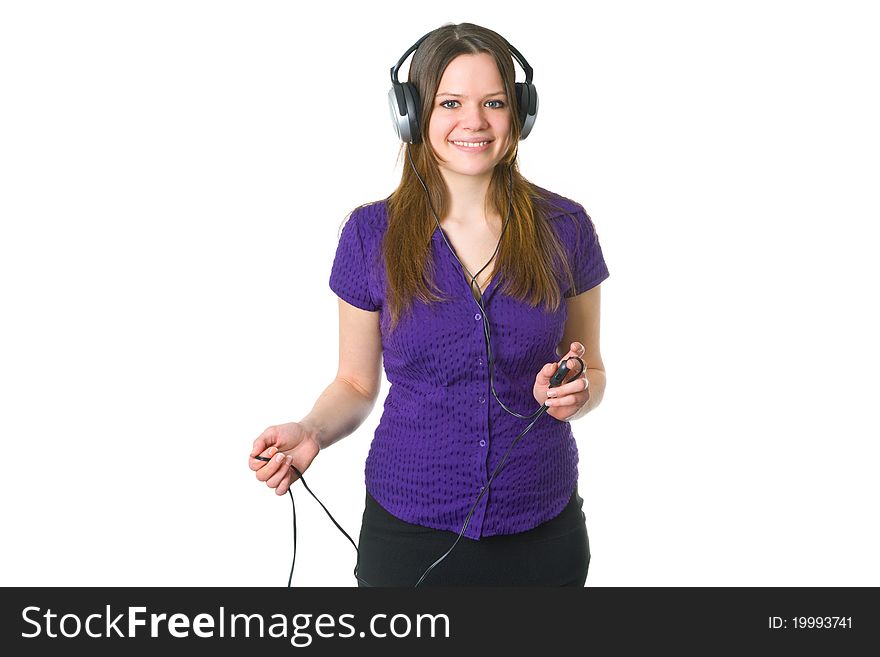 Beautiful young woman with headphones isolated on white background