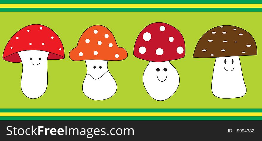 Four mushrooms with happy faces