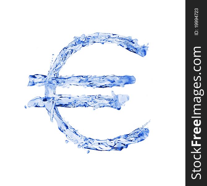 Euro symbol made of water splashes, on white background